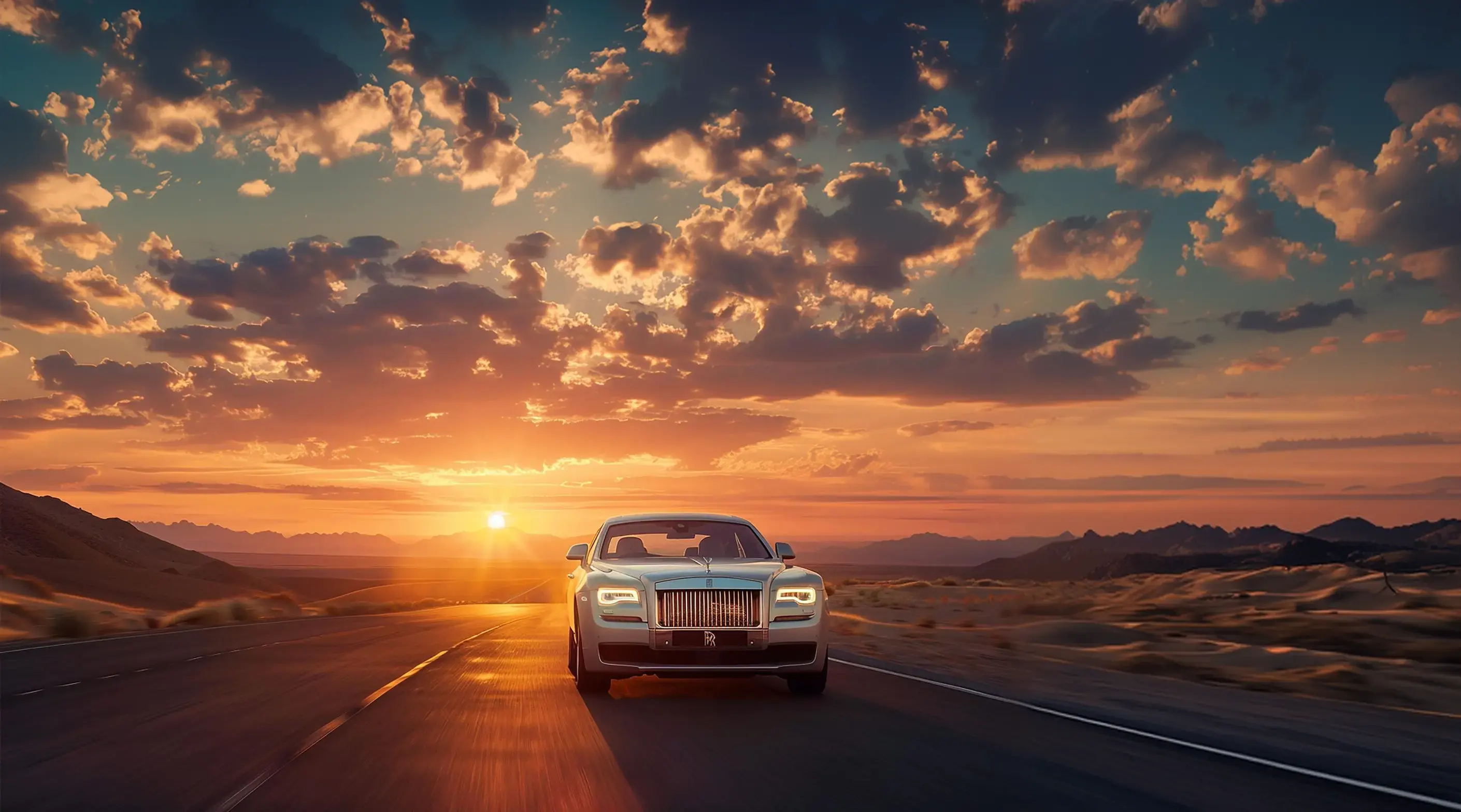 A car driving down a road at sunset