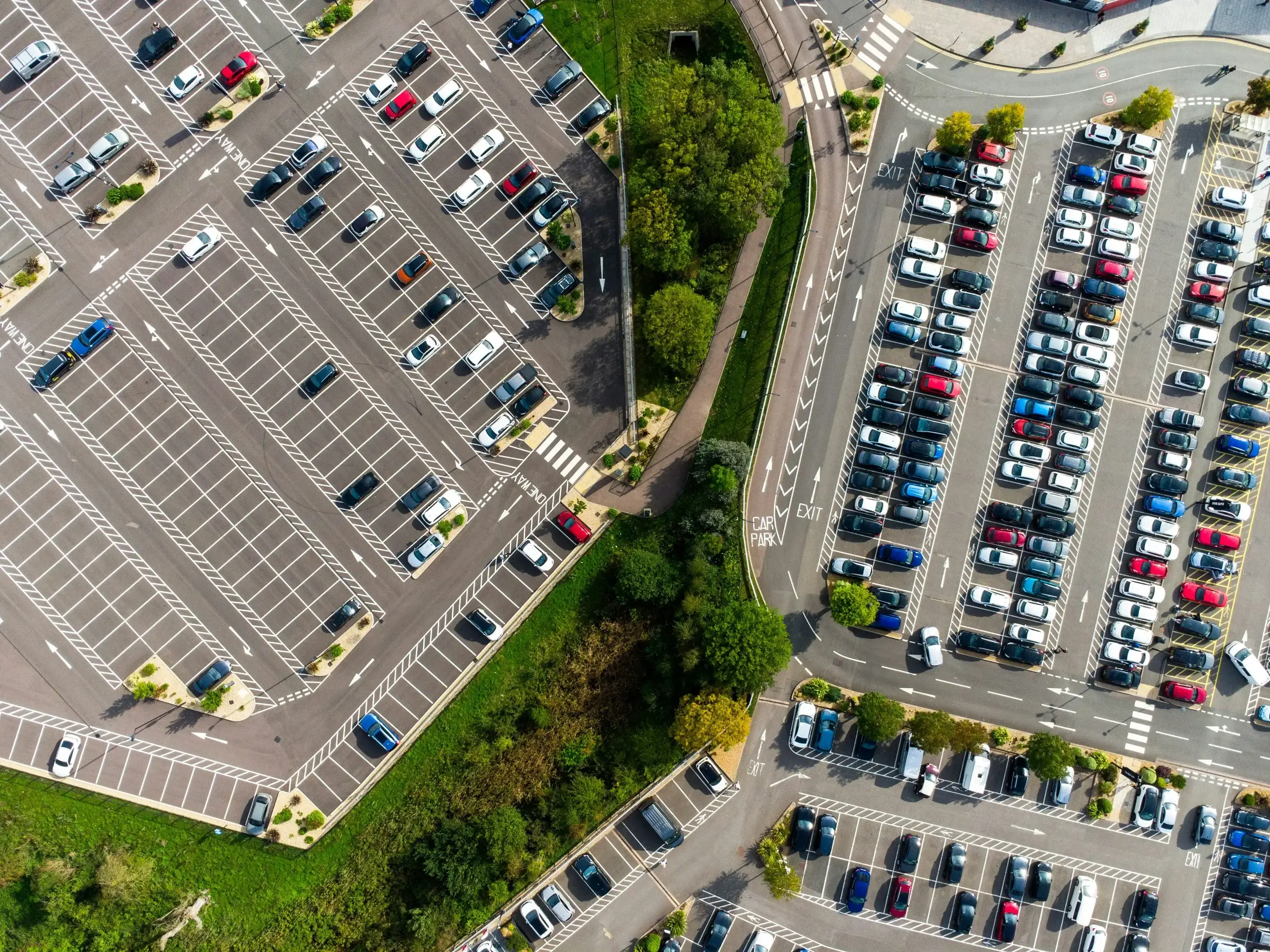 Aerial view of a busy car park